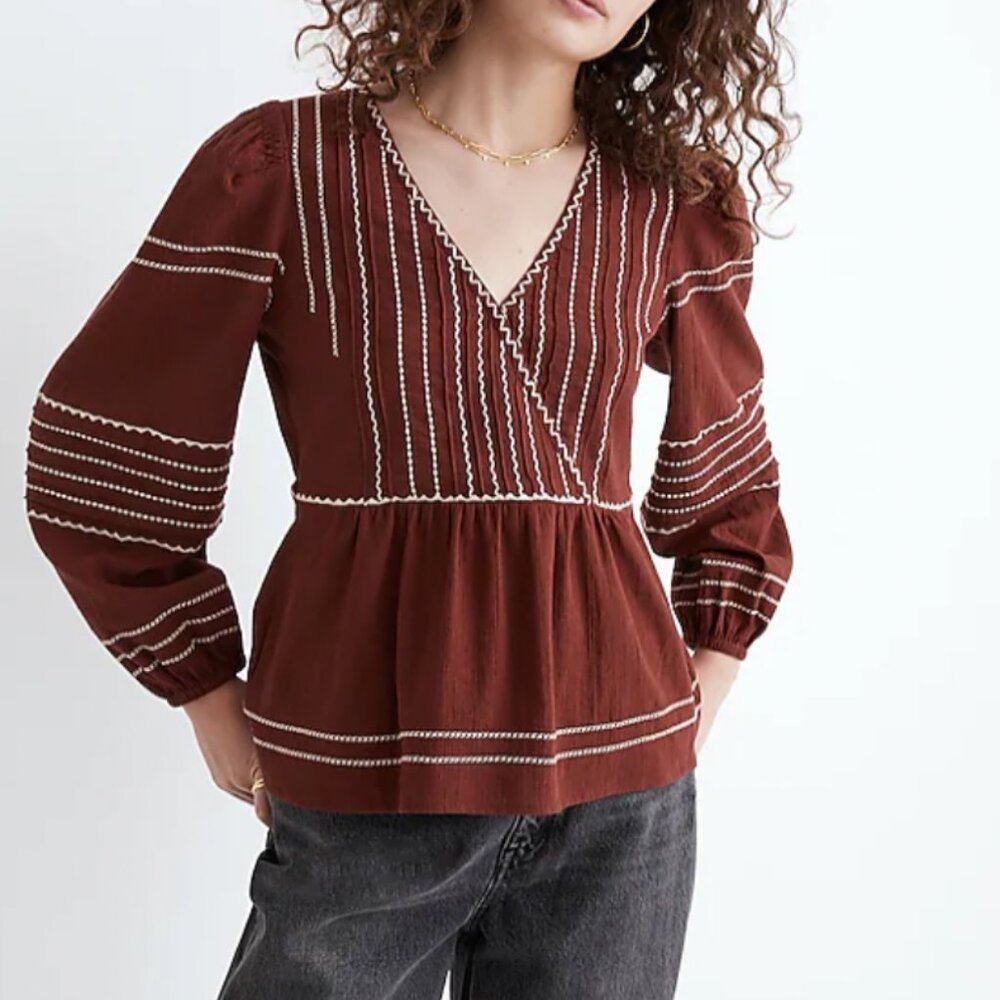 Women's Rust Brown V-Neck Embroidered Peasant Top